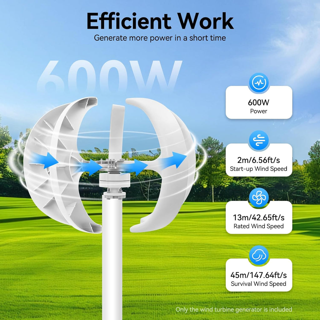 Wind Turbine Generator, 600W 24V 5-Blade Wind Power Generator with Controller, for Boats Farm Home Hybrids Streetlight Use, White
