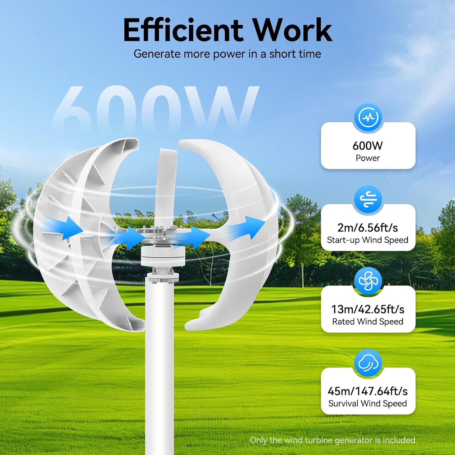 Wind Turbine Generator, 600W 24V 5-Blade Wind Power Generator with Controller, for Boats Farm Home Hybrids Streetlight Use, White