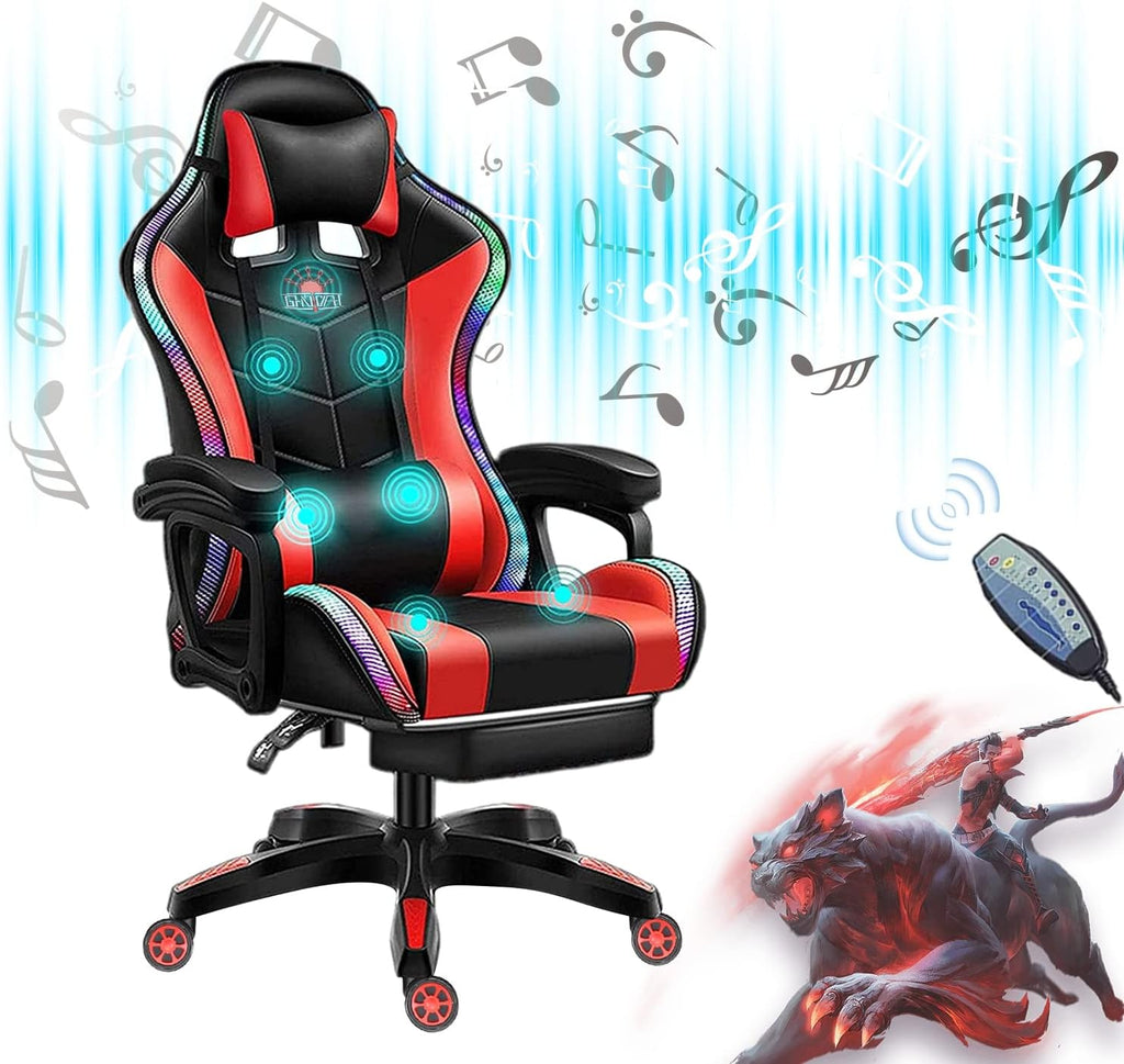 Gaming Chair for Adult with Footrest and Massage, Video Game Chair with Speakers and RGB LED Lights, PU Leather, Ergonomic Racing Computer Chairs with Lumbar Support and Armrest,Red