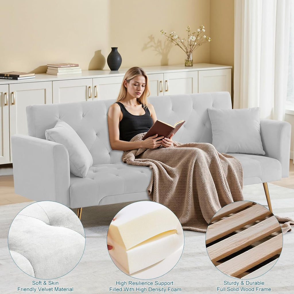 71.65'' Convertible Sofa Bed Modern Futon Set, Velvet Foldable Reclining Loveseat, Three Adjustment Angles,Mid Century Modern Couches for Living Room/Bedroom/Apartment, Easy Assembly,Grey