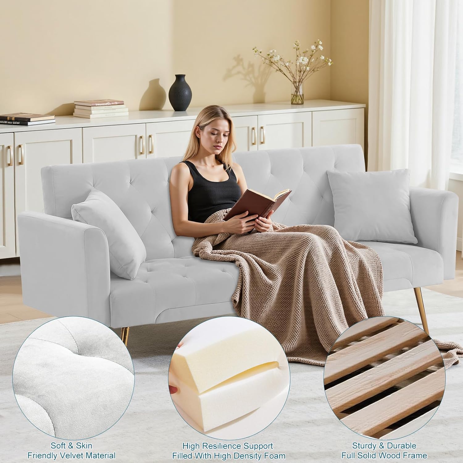 71.65'' Convertible Sofa Bed Modern Futon Set, Velvet Foldable Reclining Loveseat, Three Adjustment Angles,Mid Century Modern Couches for Living Room/Bedroom/Apartment, Easy Assembly,Grey