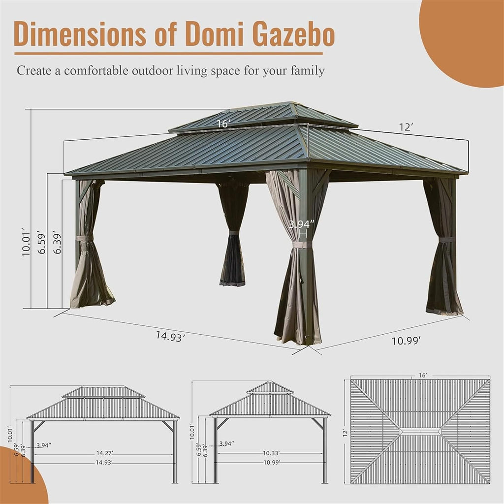 GOWE 12' X 16' Hardtop Gazebo, Aluminum Metal Gazebo with Galvanized Steel Double Roof Canopy, Curtain and Netting, Permanent Gazebo Pavilion for Patio, Backyard, Deck, Lawn