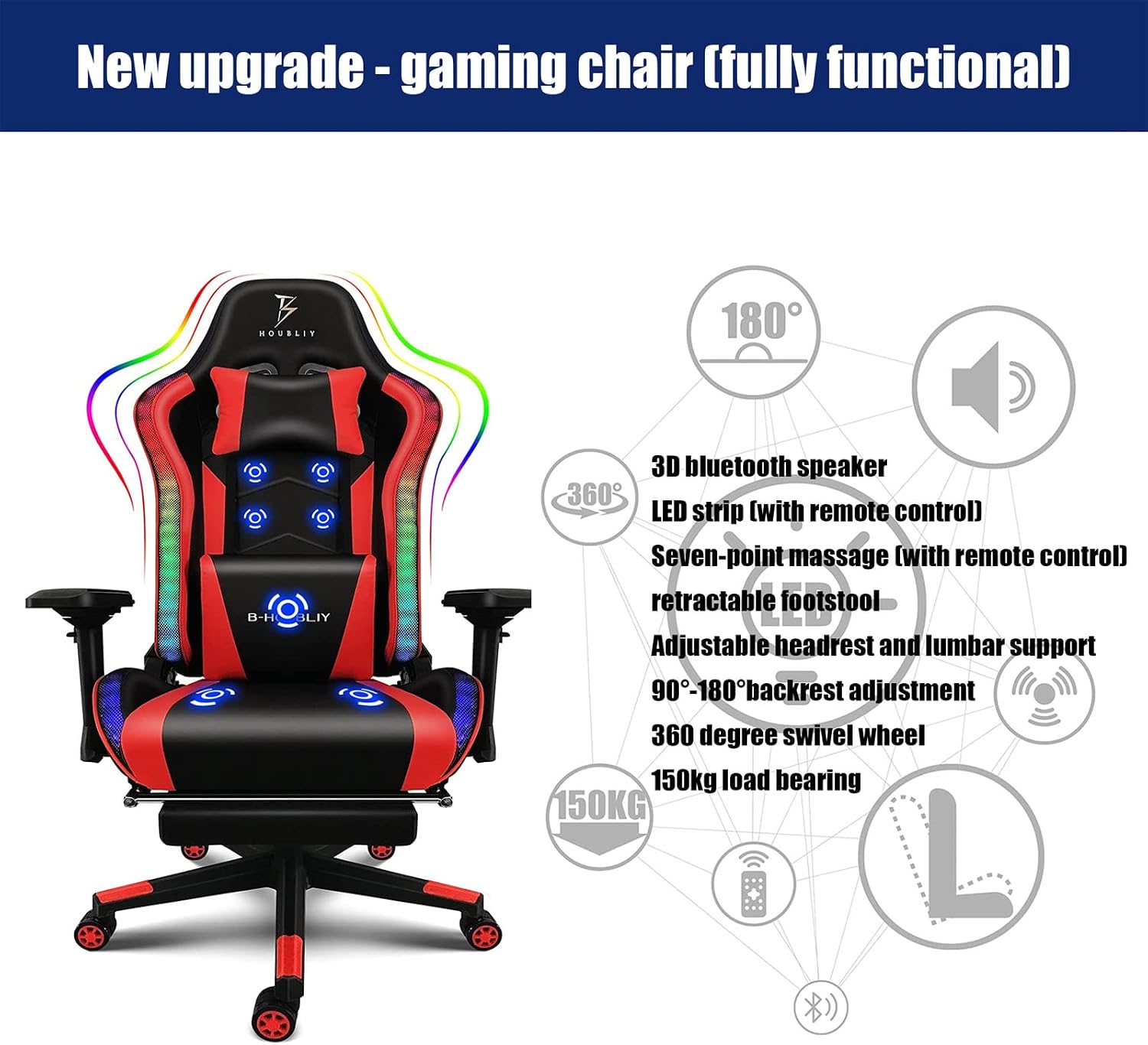 Gaming Chair with Footrest,4d Armrest Ergonomic Office Chair,90-180° Adjustable Backrest High Back Gamer Chair for Adults with Seven Point Massage Game Chair with Speakers,White