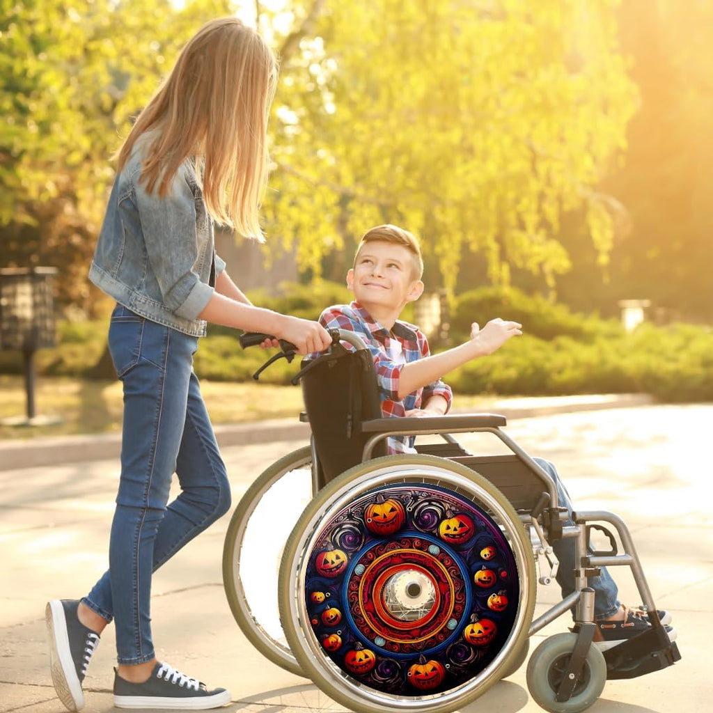 Designer Halloween Wheelchair Wheel Covers – Spooky Laughing Pumpkin Theme | Wheelchair Accessories | Enhances Aesthetics, Easy Install/Remove, Lightweight, (Party Pumpkin)
