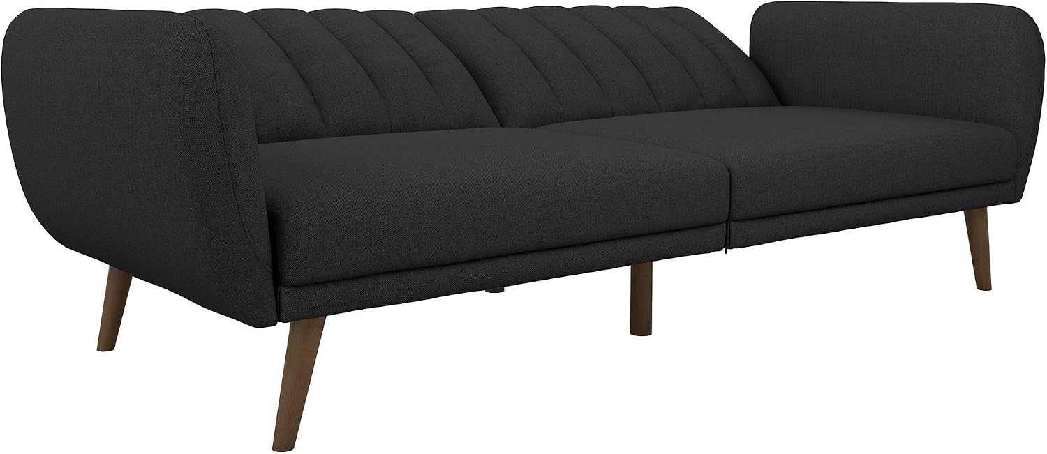 Novogratz Brittany 82 Inch Futon Sofa Bed in Faux Leather, Upholstered Couch Sleeper with Tufted Back, Mid-Century Modern Design, Dark Gray