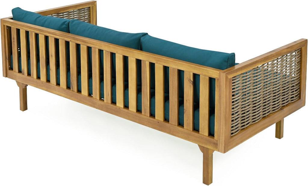 Merax 67.5' Outdoor Patio Daybed 3 Seater Sofa Bed,Acacia Wood Frame with Rattan Arm,Cushion & Pillow for Courtyard