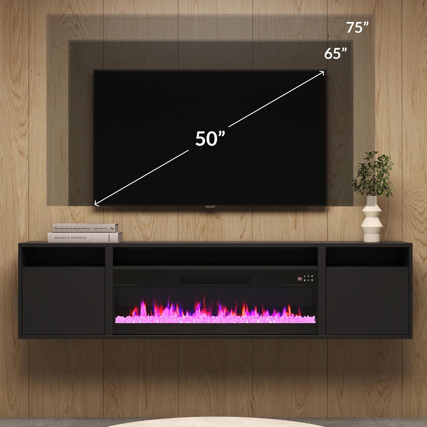 BELLEZE 70' Floating Fireplace TV Stand Wall Mounted with 36' Electric Fireplace,960 RGB Colors Entertainment Center with Storage for TVs up to 80', Modern Media Console TV Shelf for Living Room