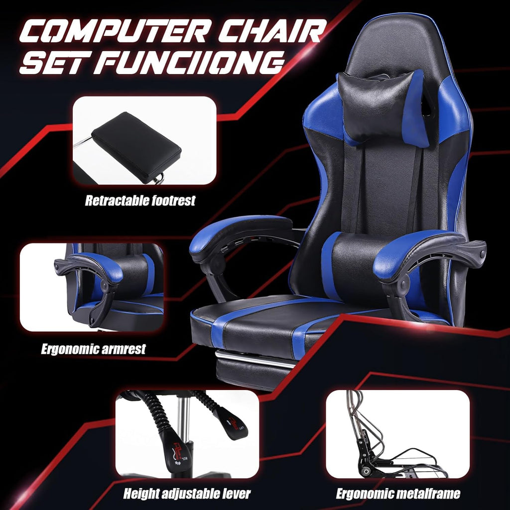 Video Game Chairs for Adults, PU Leather Gaming Chair with Footrest, 360° Swivel Adjustable Lumbar Pillow Gamer Chair, Comfortable Computer Chair for Heavy People, Purple