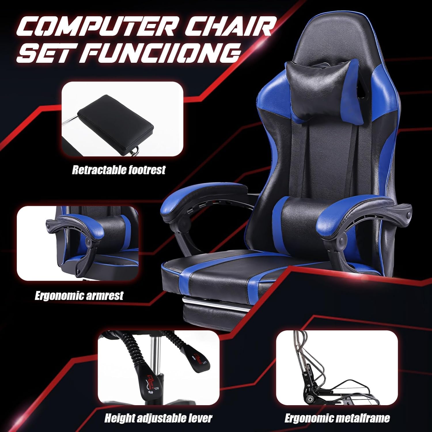 Video Game Chairs for Adults, PU Leather Gaming Chair with Footrest, 360° Swivel Adjustable Lumbar Pillow Gamer Chair, Comfortable Computer Chair for Heavy People, Purple