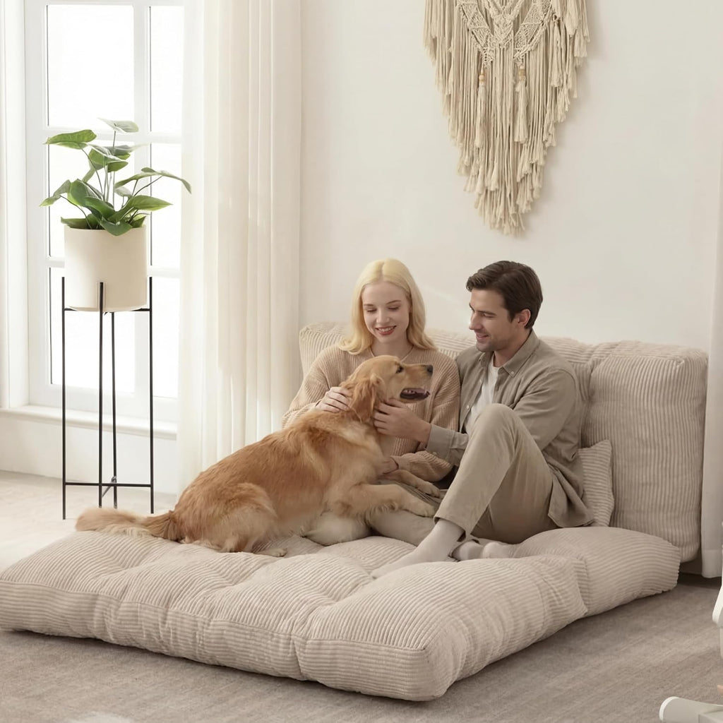 Folding Sofa Bed, Convertible Sleeper Chair with Pillow Foldable Mattress with Back Support, Portable Fold Out Chair Bed Comfy Floor Sofa Lounge for Living Room Bedroom, Beige Full 80x54 Inch