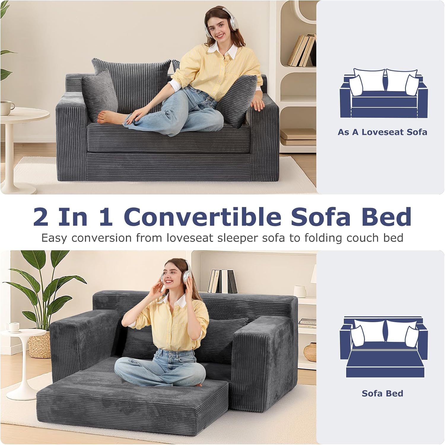 Convertible Sofa Bed, Boneless Couch Loveseat Sleeper, 2 in 1 Folding Couch Bed, Fold Out Comfy Floor Futon Sofa with Pillows for Living Room Bedroom, Grey