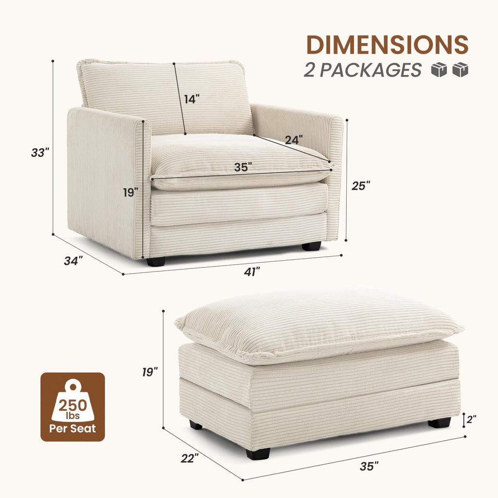ROWHY Single Armchair with Ottoman, Modern Corduroy Cloud Couch with Convertible Chaise, Upholstered Sofa Set for Living Room, Beige