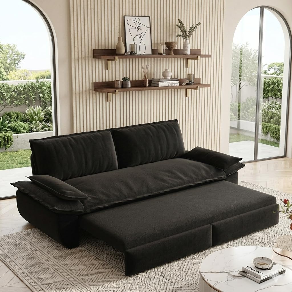 73.2' Sofa Bed Queen, 3-in-1 Pull Out Sofa Bed with Pillow Armrest, Modern Velvet Convertible Sleeper Futon Sofa for Living Room Small Space, Apartment, Bedroom, Black