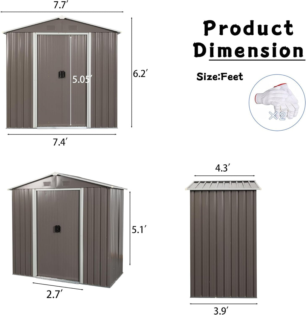 8 x 4 FT Outdoor Storage Shed, Metal Garden Shed with Floor Frame, Tool Shed Outdoor Storage with Lockable Sliding Doors & Air Vents, Storage House Waterproof for Backyard, Lawn, Gray