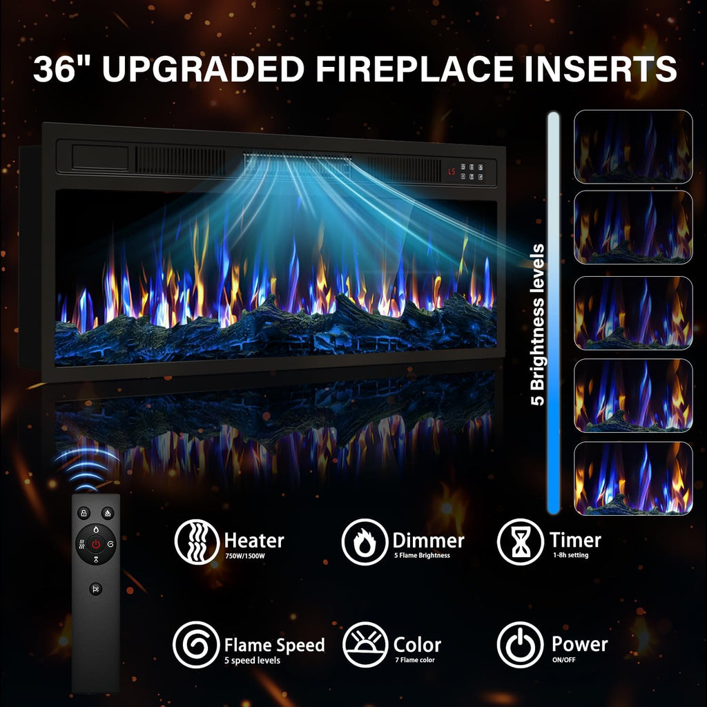 VITESSE Fireplace with TV Stand 36' inch Electric Fireplace Up to 80' TVs, LED Light Entertainment Center, 70' Modern Wood High Gloss with Highlight Storage Cabinet for Living Room (Black)