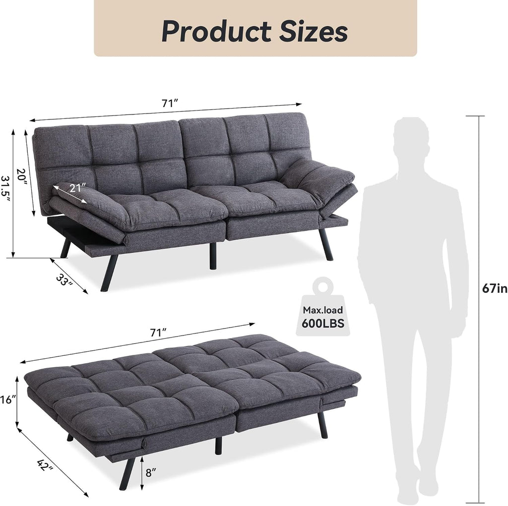 71' Convertible Futon Sofa Bed,Linen Fabric Futon Couch Bed,Memory Foam Sleeper Sofa,Modern Folding Small Loveseat for Living Room,Office,Apartment,Retro Grey