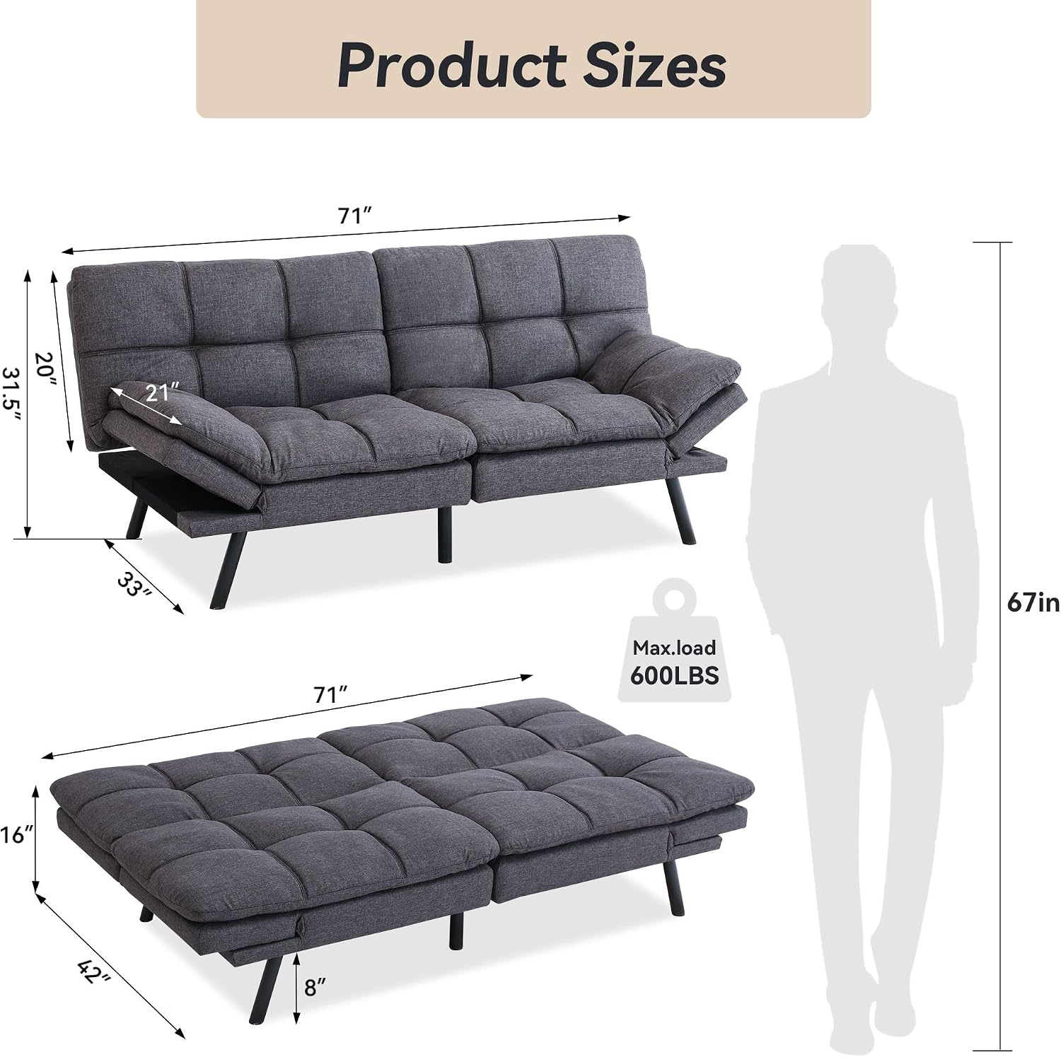 71' Convertible Futon Sofa Bed,Linen Fabric Futon Couch Bed,Memory Foam Sleeper Sofa,Modern Folding Small Loveseat for Living Room,Office,Apartment,Retro Grey