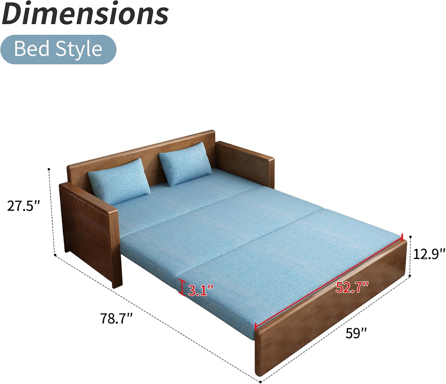 59' Convertible Sofa Sleeper,Blue Soft Cushion sectional Sleeper Couch with Reversible Chaise,solidwood Bed 3 in 1 Pull Out Couch,Walnut Color Sofa for livingroom,Apartment,Bedroom,Office