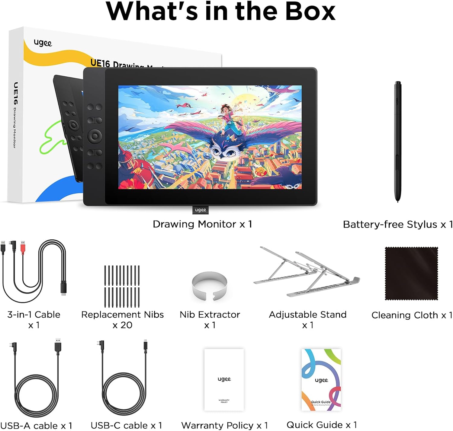 UGEE 15.4 inch Drawing Tablet with Screen，143% sRGB UE16 Computer Graphics Tablet with Full-Laminated Screen 8+1 Hot Keys 16K Level Pressure Battery-Free Stylus，Drawing Pad for PC/Windows/Mac/Android