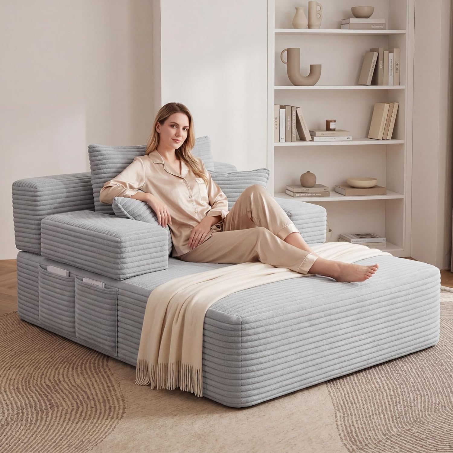 Oversized Boneless Chaise Sofa Bed, Corduroy Chaise Lounge Chair Indoor with Storage Pockets, Upholstered Cloud Sleeper Chair Bed for Small Space, Living Room, Bedroom, Apartment, Light Grey