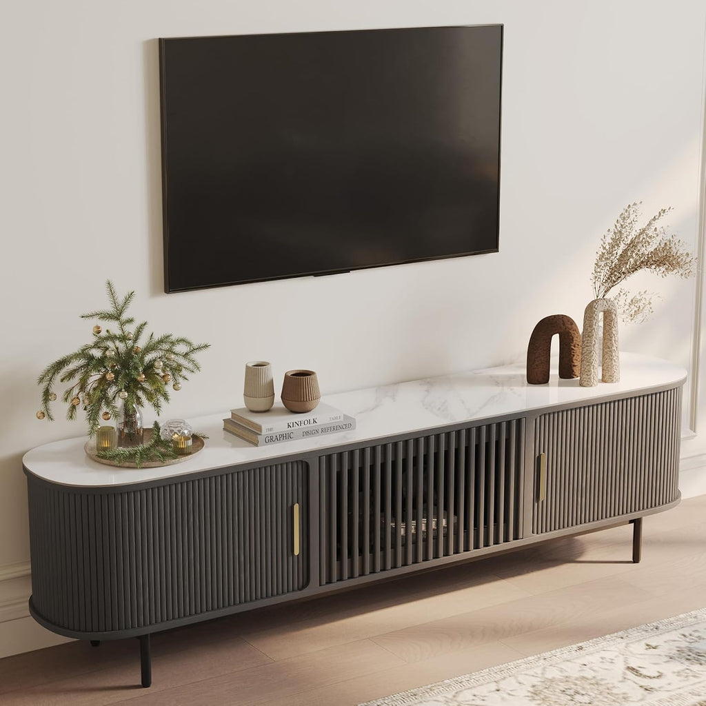 POVISON Fully-Assembled Sliding Tambour Door TV Stand, Mid Century Modern Sintered Stone TV Console, Wood Media Console for 75 Inch TV, Entertainment Center with Storage Cabinet(Black, 78.74')