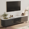 POVISON Fully-Assembled Sliding Tambour Door TV Stand, Mid Century Modern Sintered Stone TV Console, Wood Media Console for 75 Inch TV, Entertainment Center with Storage Cabinet(Black, 78.74')