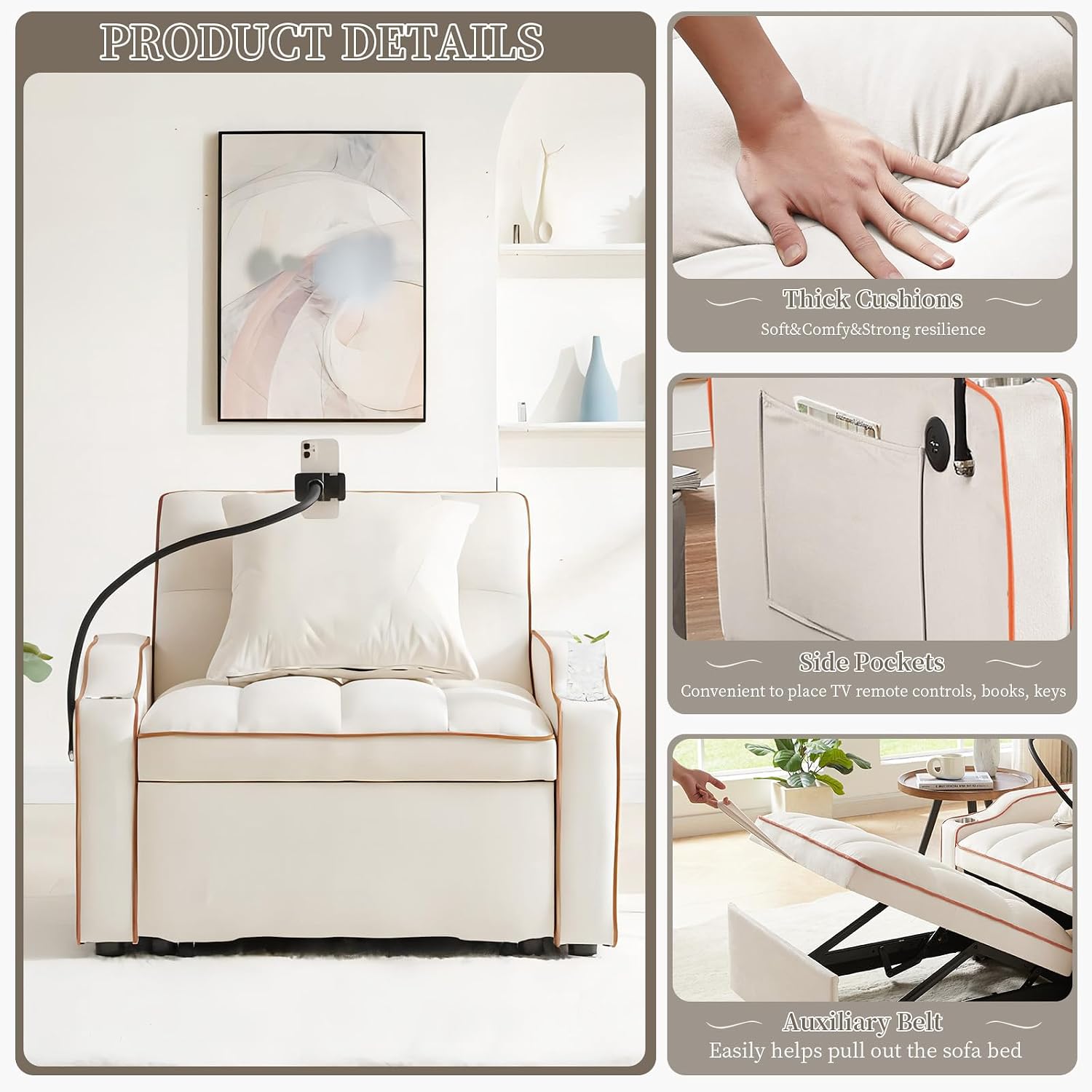 Convertible Sleeper Sofa Chair Bed, 3 in 1 Velvet Single Small Futon Sofa Bed with Phone Holder & USB Ports,Pull Out Couch Recliner with Adjustable Backrest for Living Room, Office, Small Place(Beige)