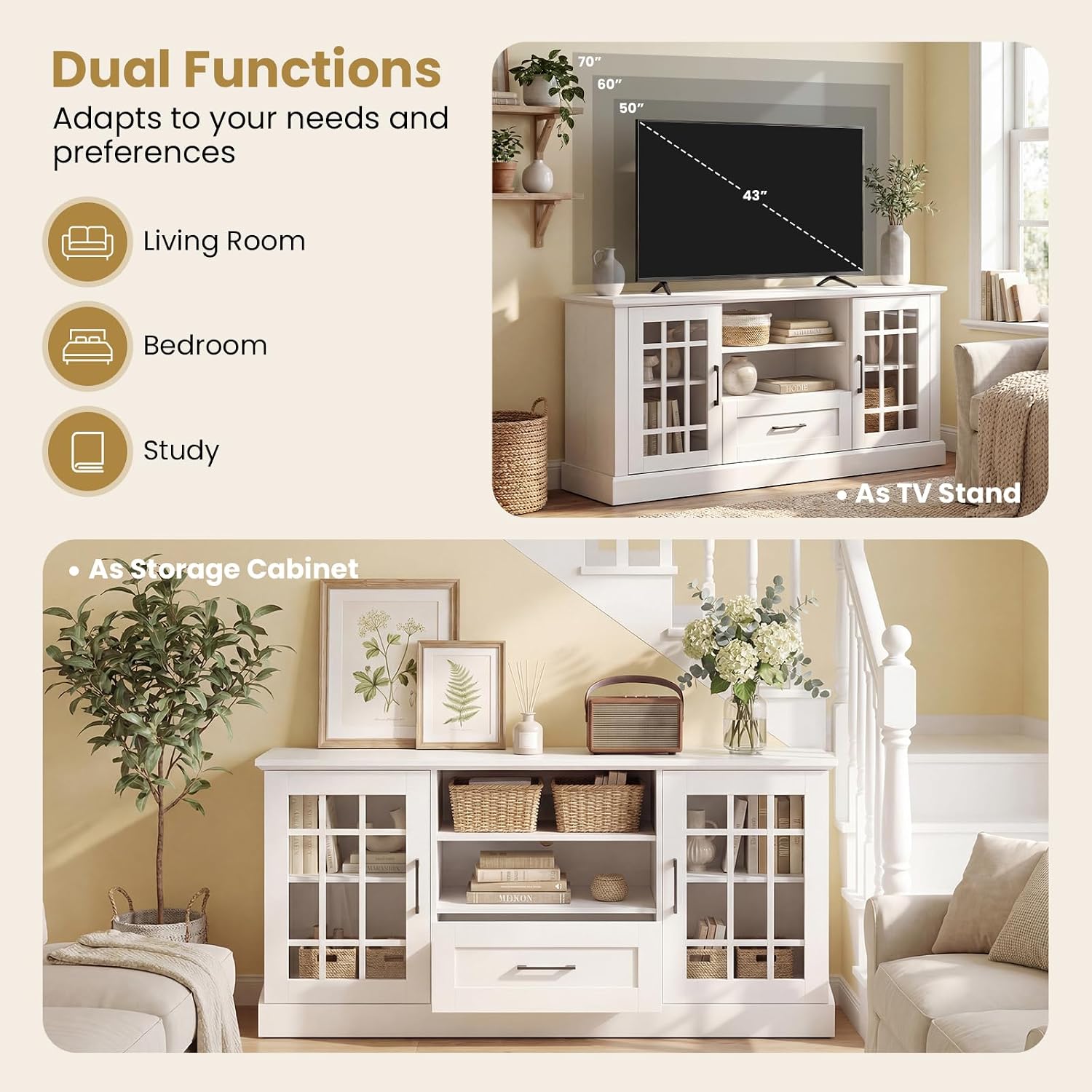 Giantex Farmhouse TV Stand for 65/70 Inch TV, Tall Entertainment Center with Storage Cabinets, Glass Doors, Drawer, Removable Shelves, Media TV Console Table for Living Room, Bedroom (White)