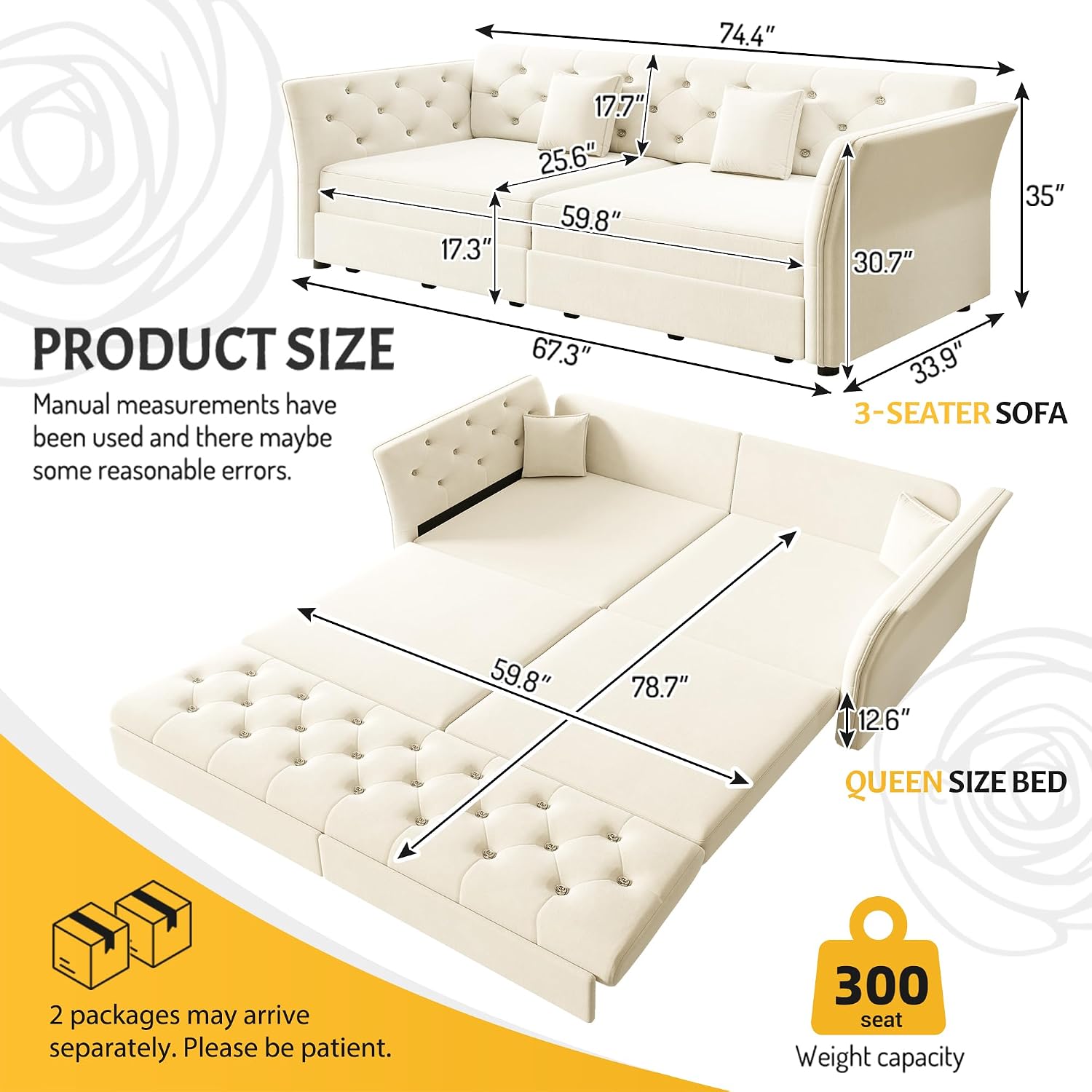 74.4'' Sleeper Sofa Bed Queen Size, Flower Tufting Pull Out Couch, Velvet Chesterfield Futon Couches, Comfy Convertible Sofa, Modern Loveseat, 2 Pillows for Living Room, Apartment, Beige