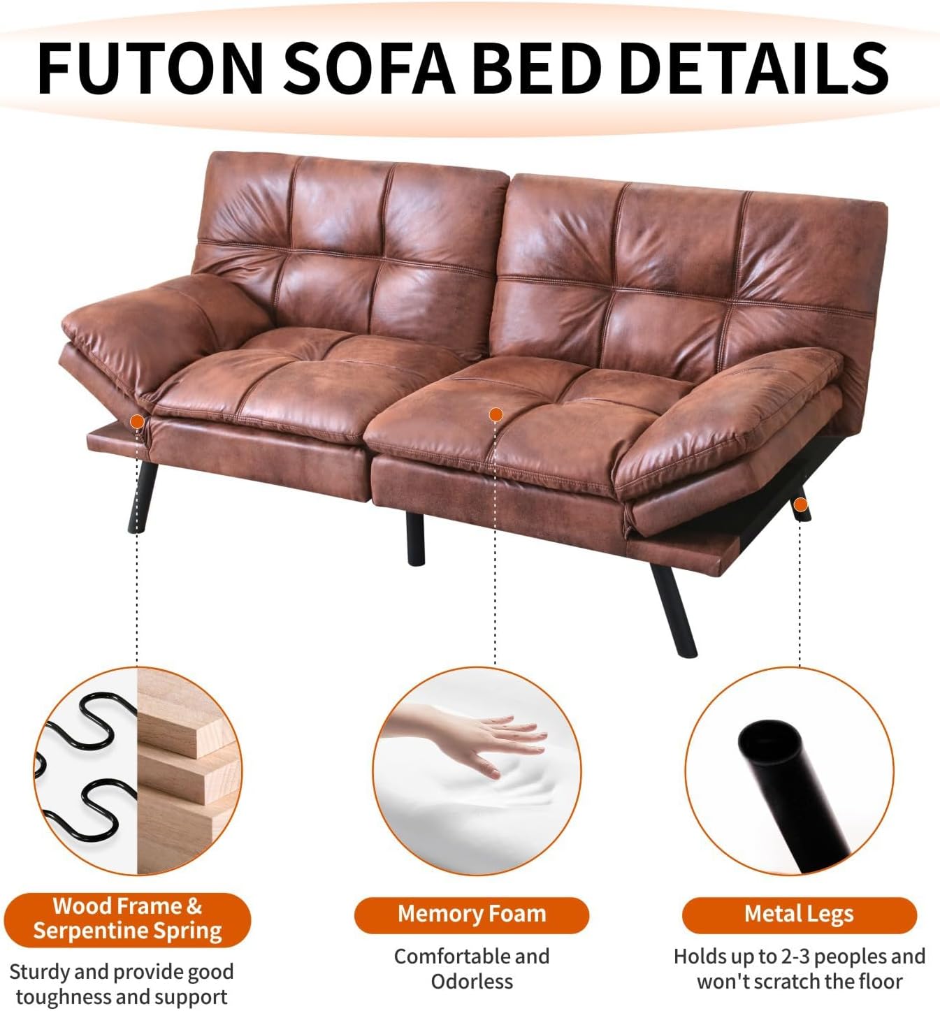 MUUEGM Futon Sofa Bed 71' Walnut Convertible Memory Foam Futon Couch Bed Modern Loveseat Sleeper with Adjustable Backrests Armrests for Living Room,Small Space,Office