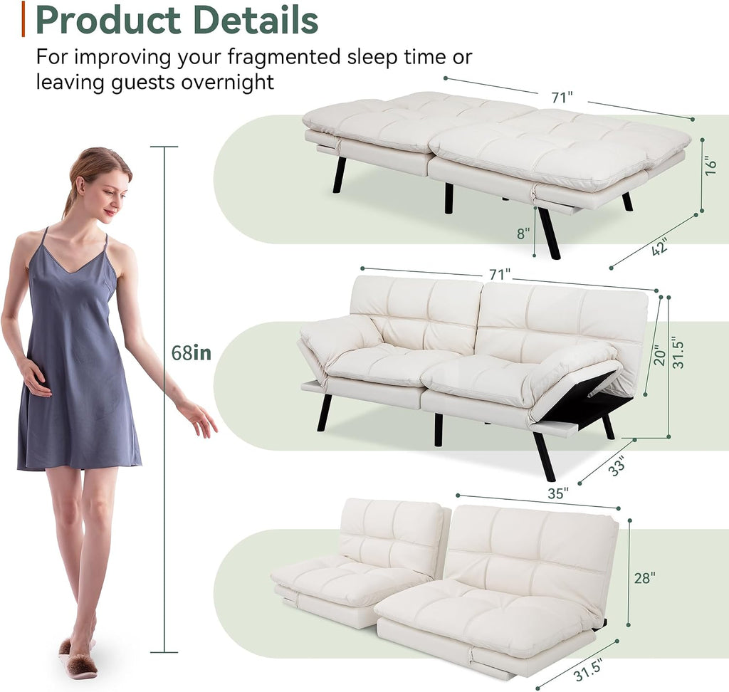 Opoiar 71' L Covertible Futon Sofa Bed,Faux Leather Futon Couch, Memory Foam Modern Loveseat Sleeper, Small Splitback Sofa Couches for Living Room,RV,Home Office,Apartment,White
