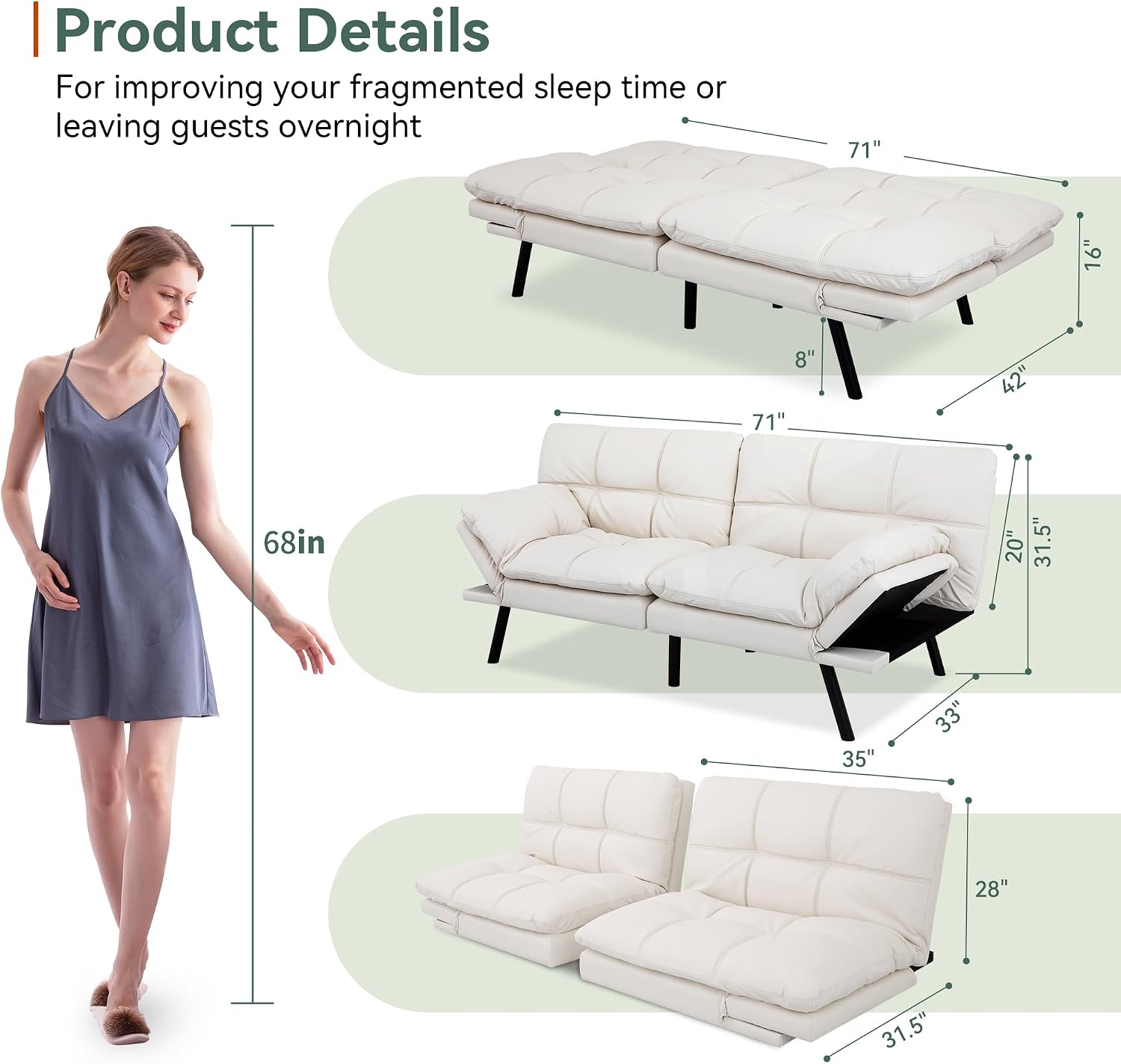 Opoiar 71' L Covertible Futon Sofa Bed,Faux Leather Futon Couch, Memory Foam Modern Loveseat Sleeper, Small Splitback Sofa Couches for Living Room,RV,Home Office,Apartment,White