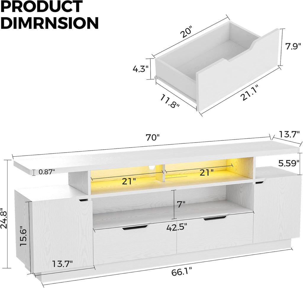 IRONCK TV Stand for TVs 85 inch with Power Outlet and LED Lights, Entertainment Center with Storage Cabinets, Media TV Console with Drawers, Modern TV Stand for Living Room, White