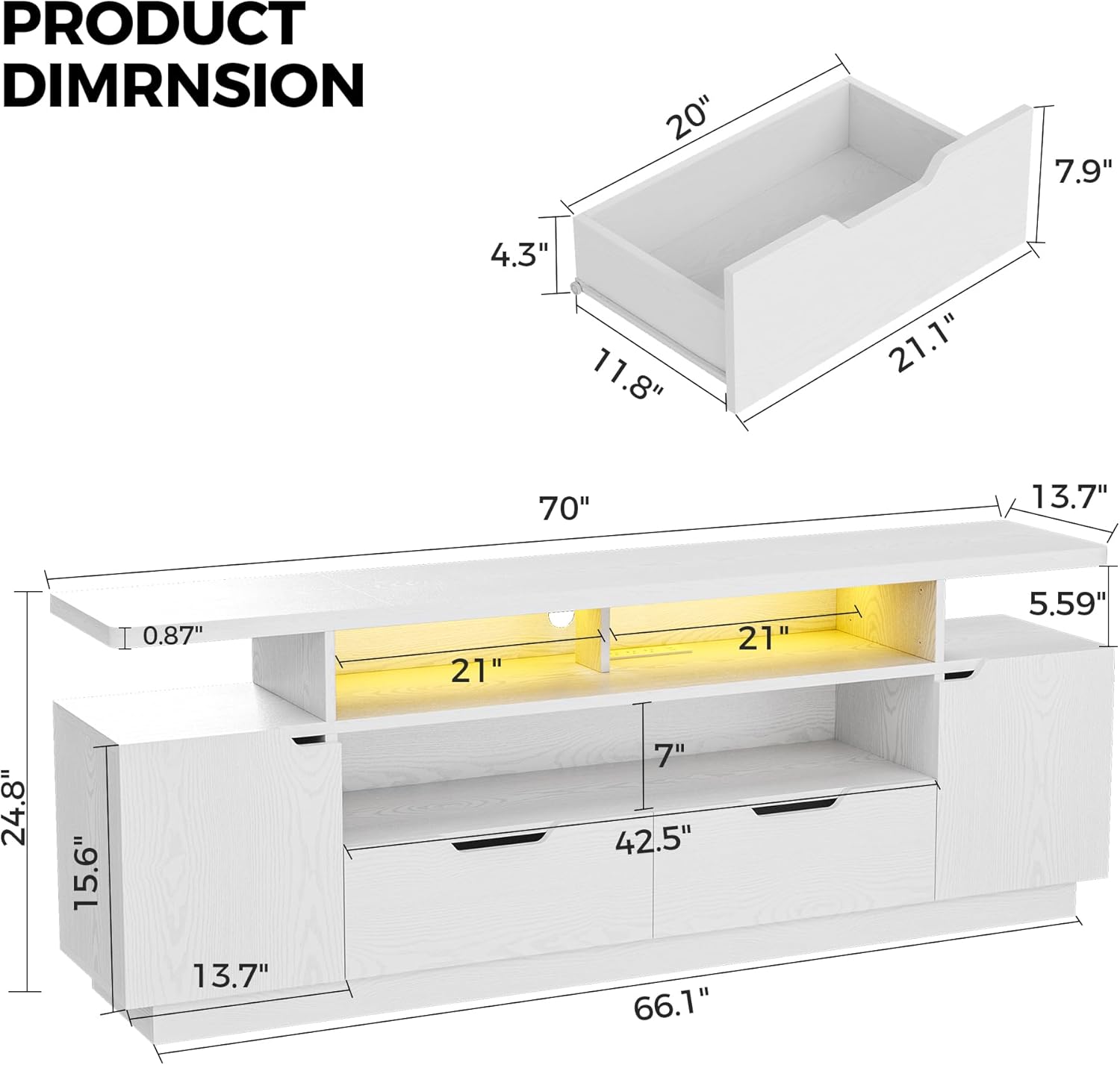 IRONCK TV Stand for TVs 85 inch with Power Outlet and LED Lights, Entertainment Center with Storage Cabinets, Media TV Console with Drawers, Modern TV Stand for Living Room, White