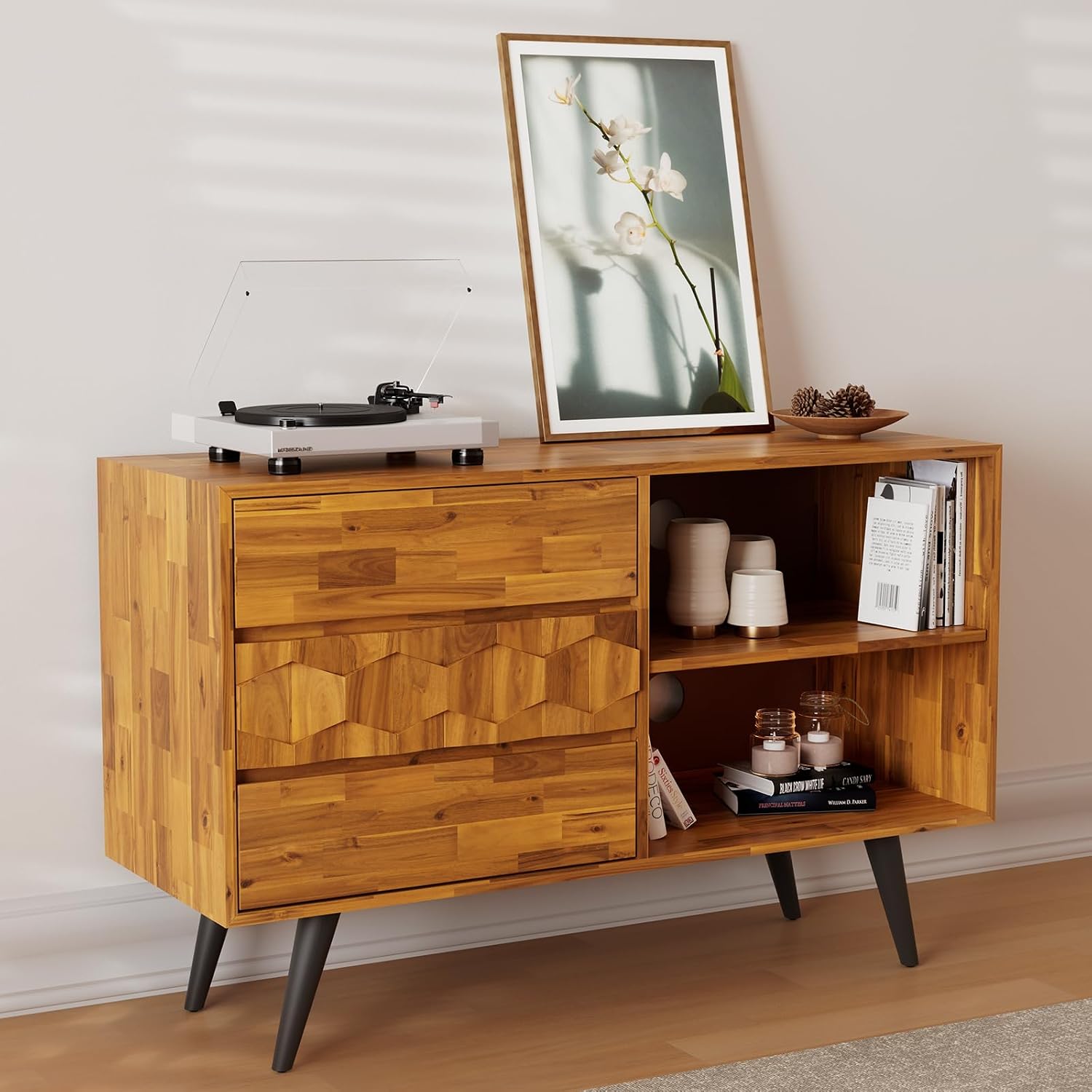 Bme Georgina 45 Inch Solid Wood TV Stand, Under 10 Minutes Assembly Entertainment Center with Storage, Geometric Pattern TV Console for Living Room, Bedroom, Dinning Room - Teak Brown