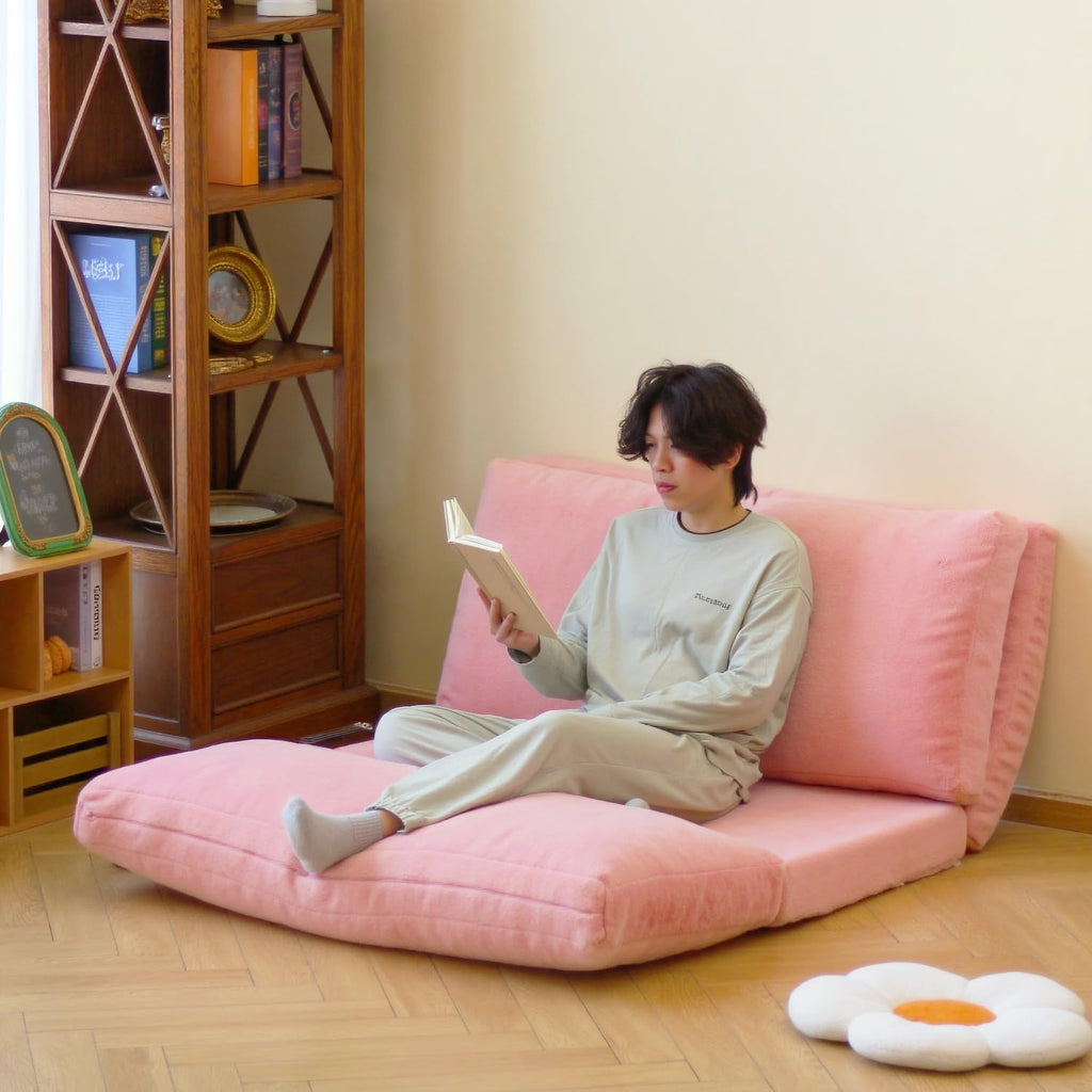 N&V Folding Matress Sofa Bean Bag Bed, Foam Filling Folding Matress Sofa, Includes Removable and Machine Washable Cover, Soft Premium Faux Fur (Medium, Pink)
