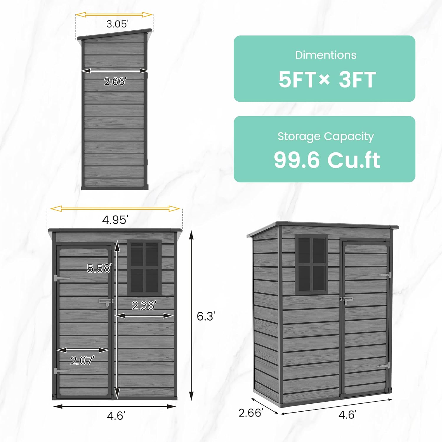 UDPATIO Outdoor Storage Shed 5x3 FT, Plastic Garden Shed for Bike, Garbage Can, Tool, Outside Resin Shed with Lockable Door for Backyard, Patio, Lawn, Dark Grey