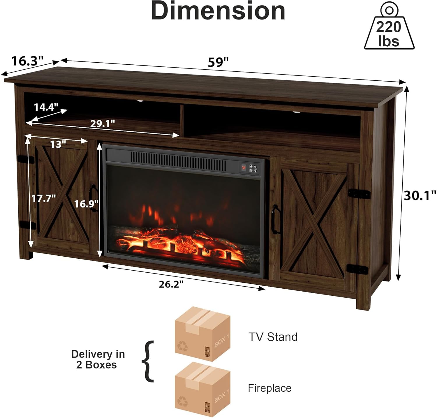 Furmax Farmhouse Fireplace TV Stand for TVs Up to 65 Inch Highboy Entertainment Center with Open Storage and Side Cabinets Rustic Media Console Table with Barn Doors for Living Room (Barnwood)