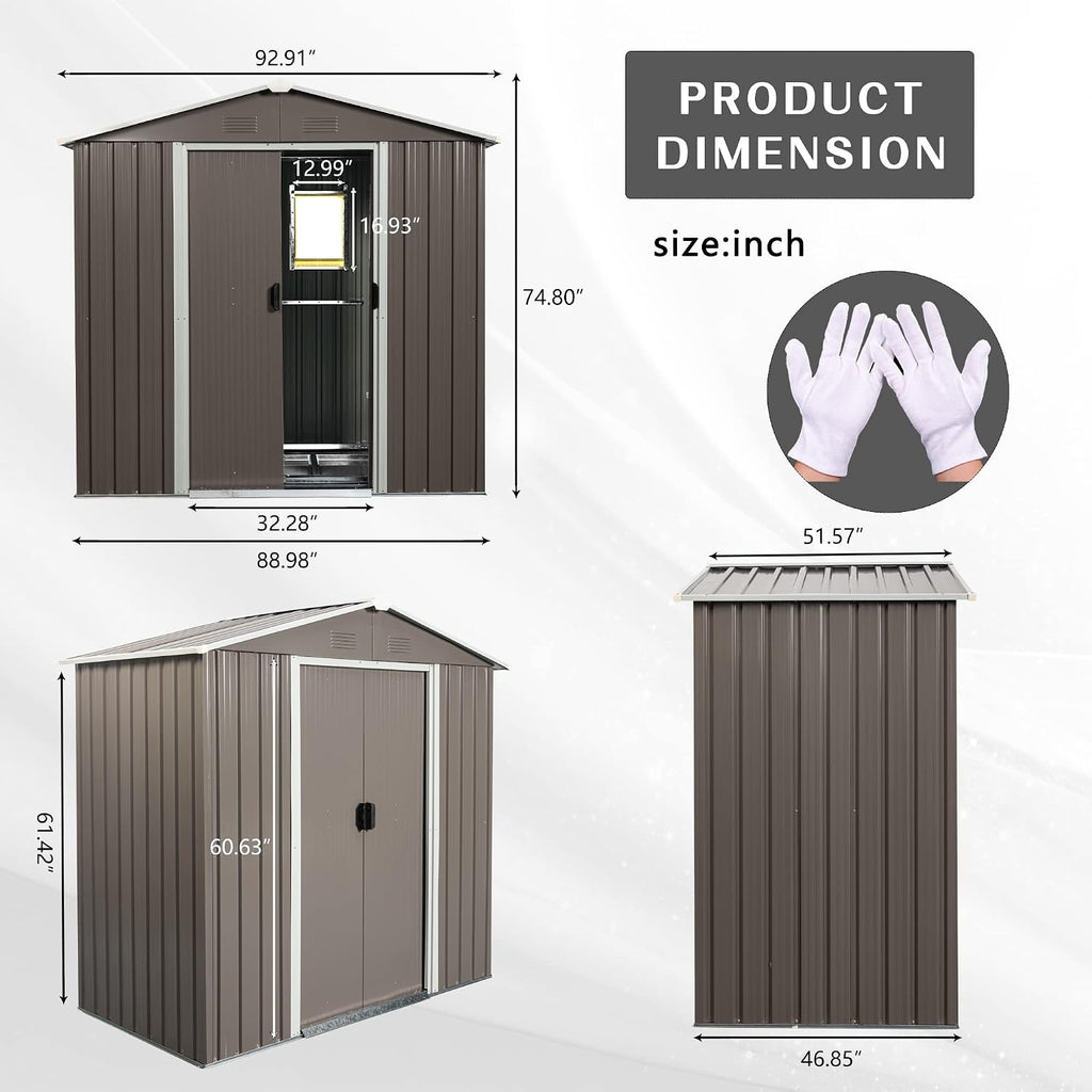 89in x 47in Heavy-Duty Outdoor Metal Storage Shed with Floor Foundation & Window - Galvanized Steel Tool Shed, Tiny Home Backyard Solution w/Lock, Shelves & Anchors,Gray