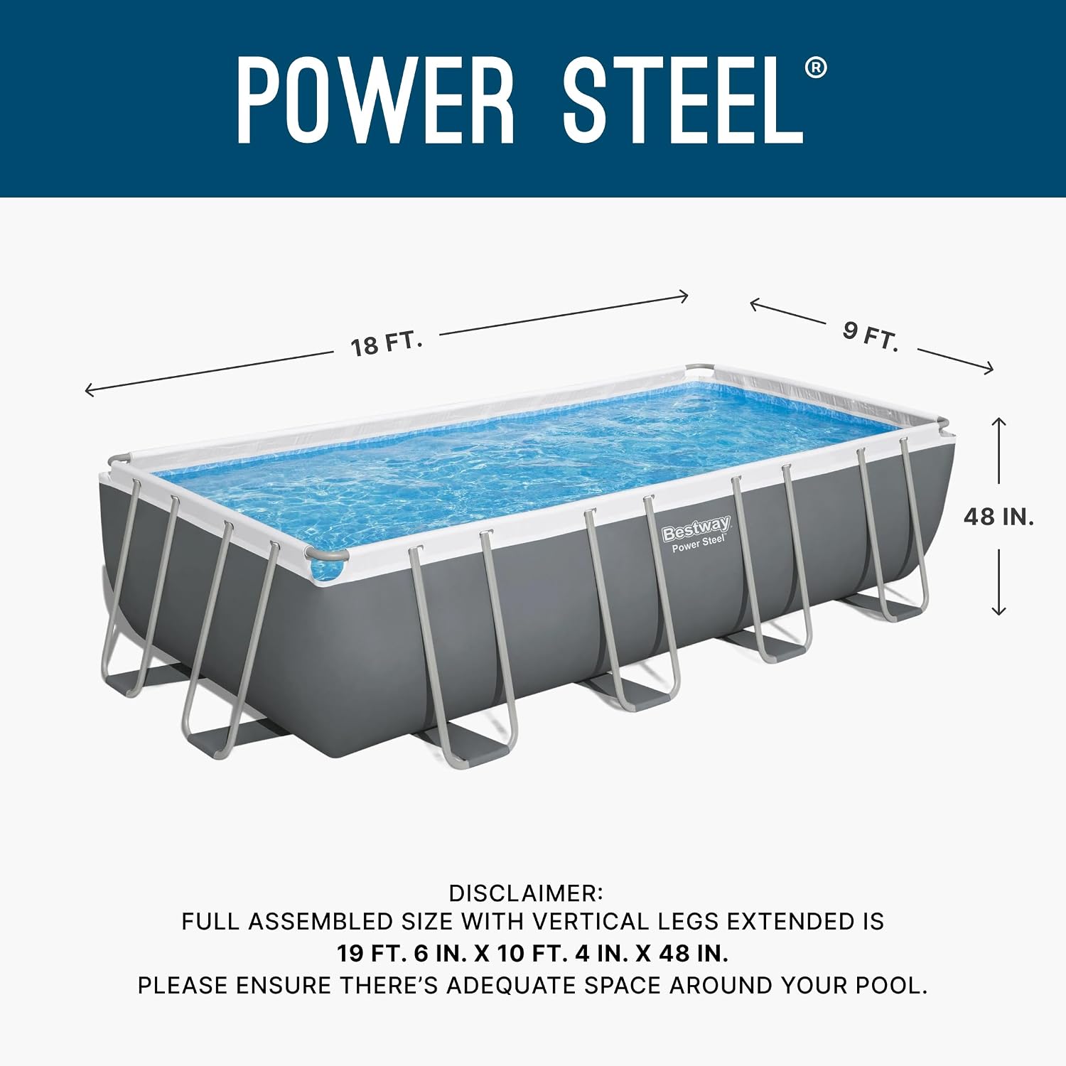 Bestway Power Steel 18' x 9' x 48' Above Ground Pool, Rectangular Metal Frame Outdoor Swimming Pool Set with Sand Filter Pump, Ladder, and Cover