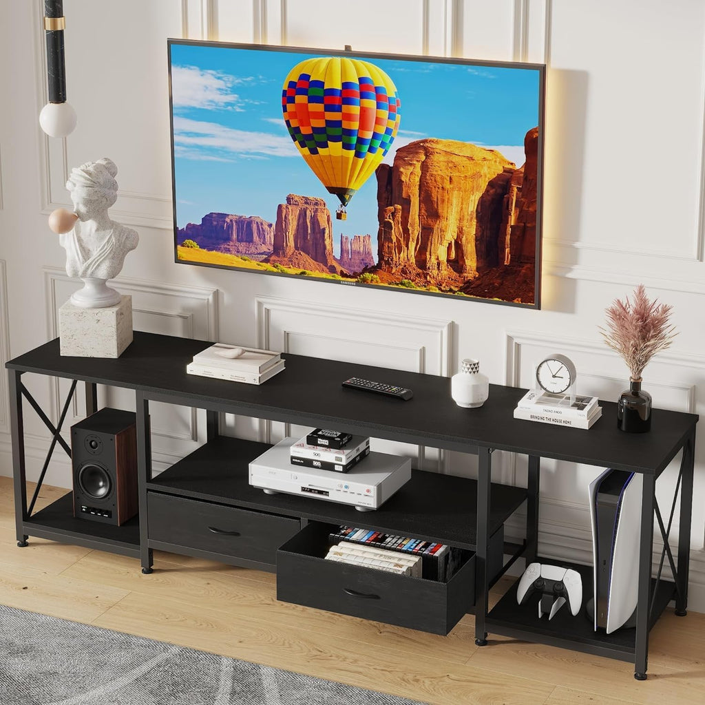 GYIIYUO TV Stand with Fabric Drawer for 50 55 Inches TV - Entertainment Center and Industrial TV Console Table with Open Storage Shelves for Living Room, Bedroom - 47' Black
