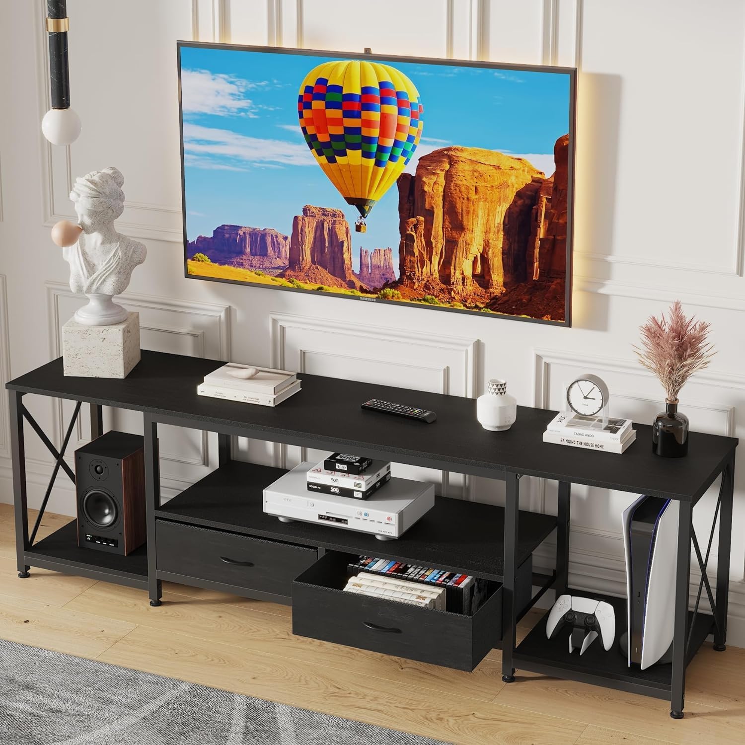 GYIIYUO TV Stand with Fabric Drawer for 50 55 Inches TV - Entertainment Center and Industrial TV Console Table with Open Storage Shelves for Living Room, Bedroom - 47' Black