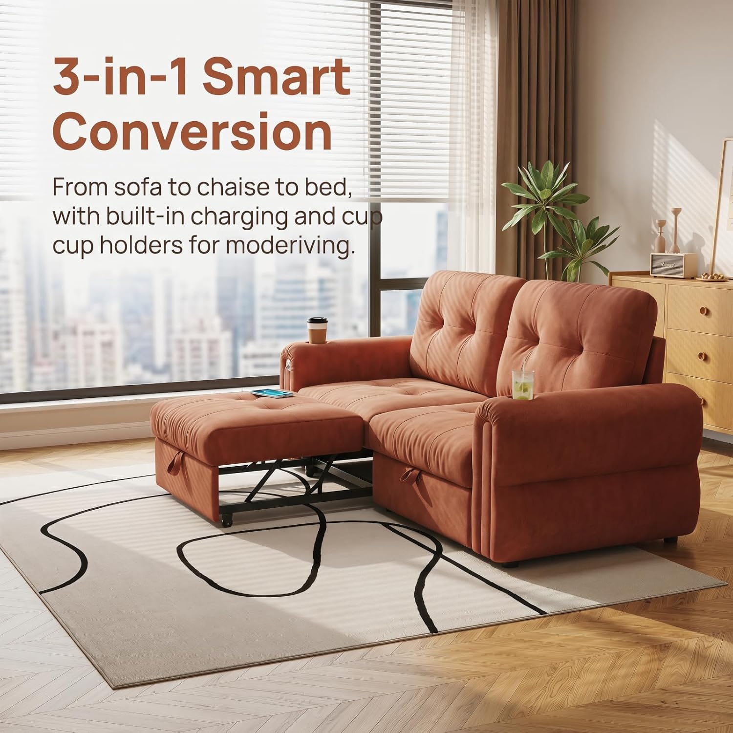 Convertible Couches, Queen Size Pull Out Sofa Bed with USB Charging Port and Cup Holders, Chenille Fabric Convertible Sofa Bed for Small Space, Living Room, Apartment, Guest Room, Orange