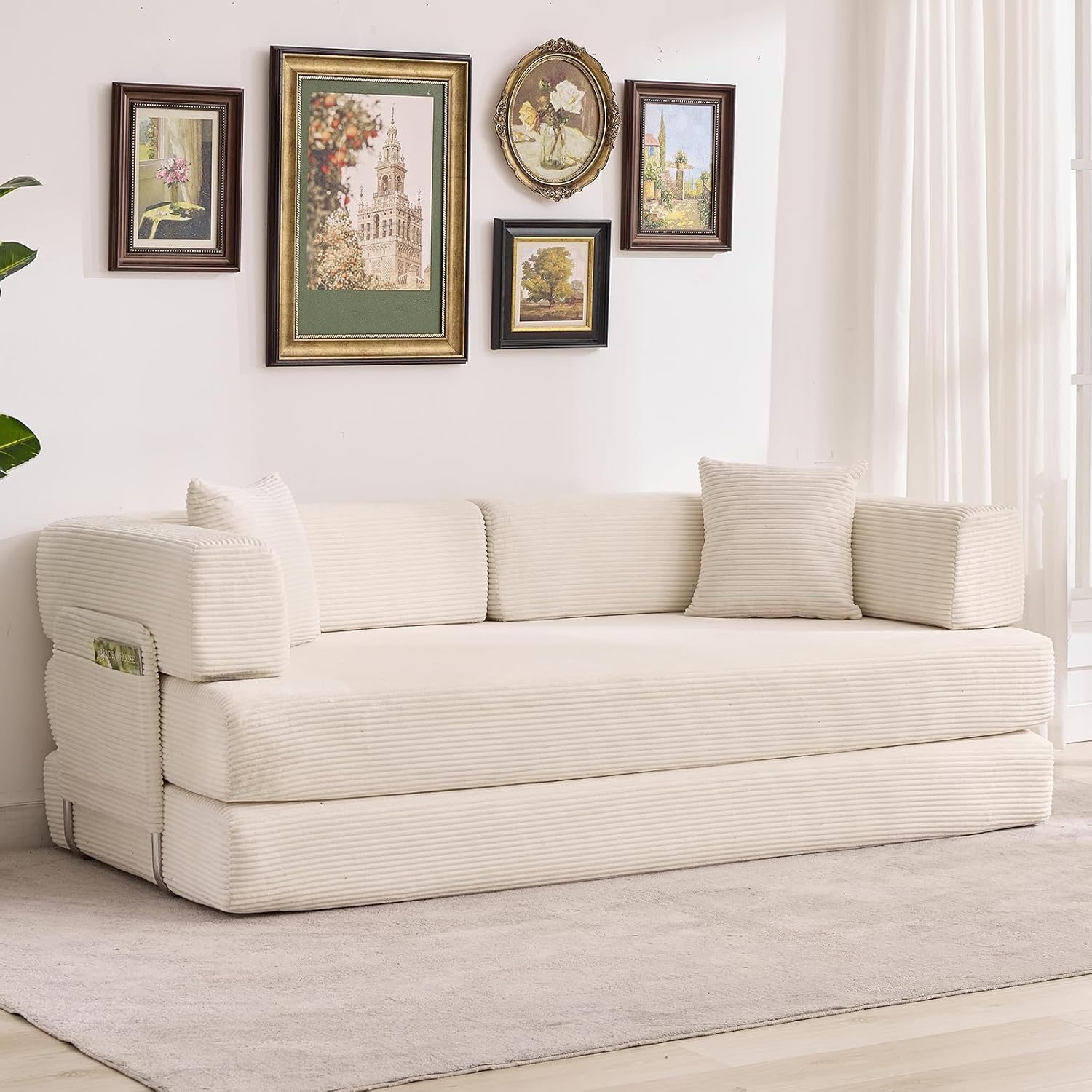 Garvee 5-in-1 Convertible Sofa Bed, 78.8' Modular Corduroy Sleeper with Sturdy Frame & No Assembly, Multi-Functional Futon for Small Space, Living Room & Guest Room (Green) (Beige)