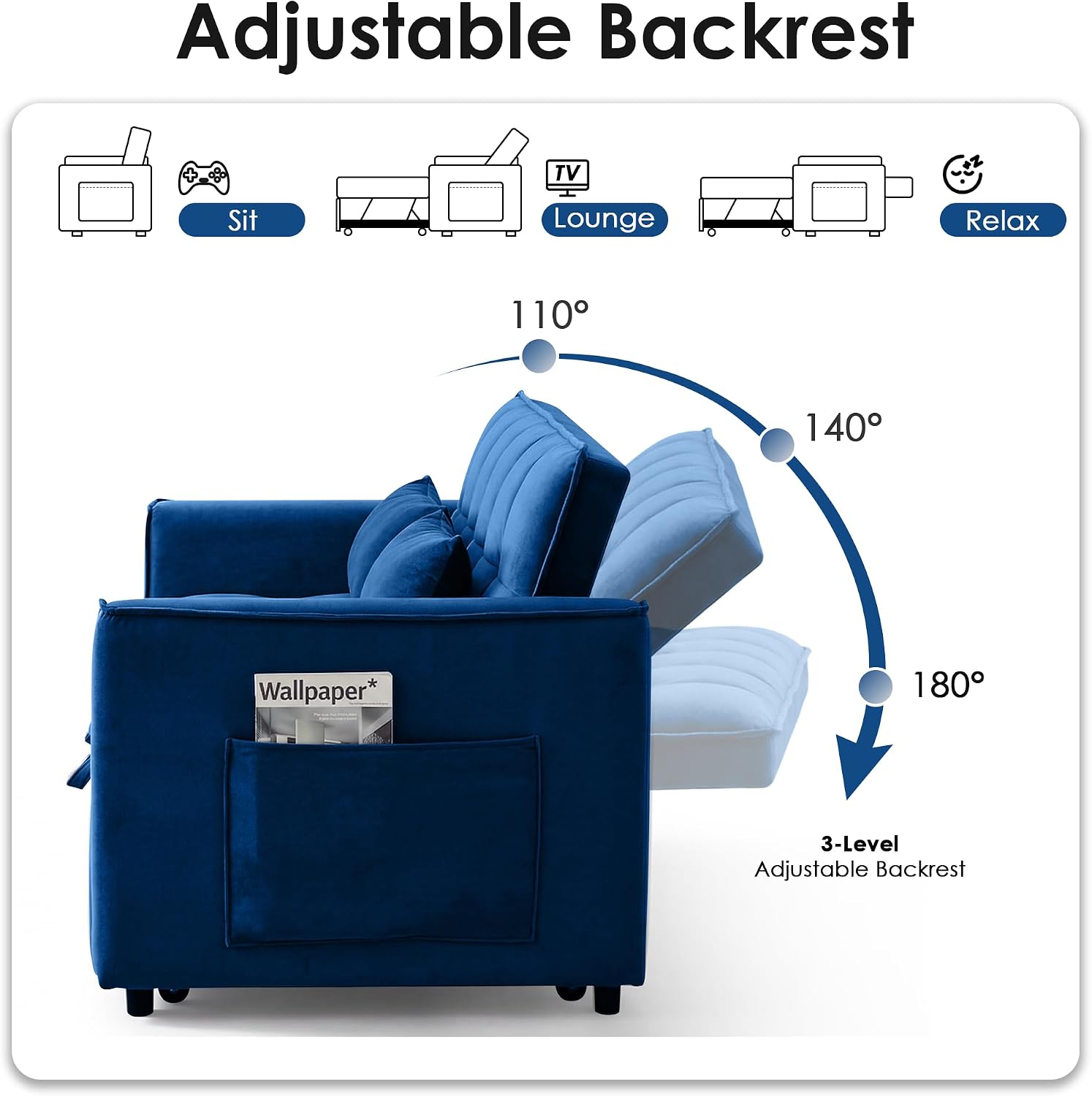 3 in 1 Convertible Sleeper Sofa Bed, 55' Pull Out Couches, Modern Loveseat Sleeper Sofa with Adjustable Reclining Backrest & Side Pockets for Living Room, Velvet Fabric, Blue