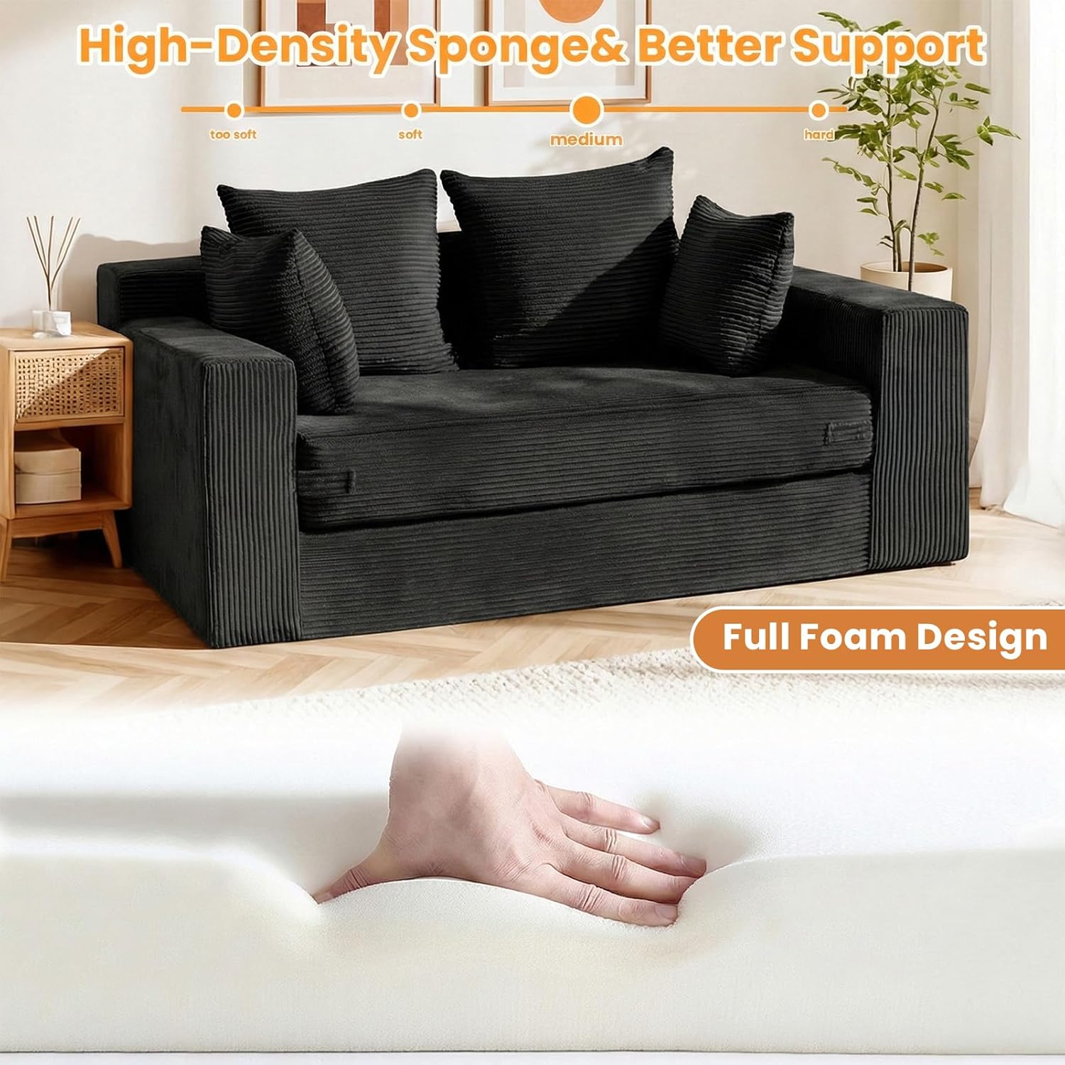 55' Small Boneless Couch, 3-in-1 Boneless Loveseat Sleeper Sofa Bed Convertible Sofa Bed with 4 Pillows, Black Corduroy Boneless Couch for Living Room, Guest Room, Small Space, No Assembly Required