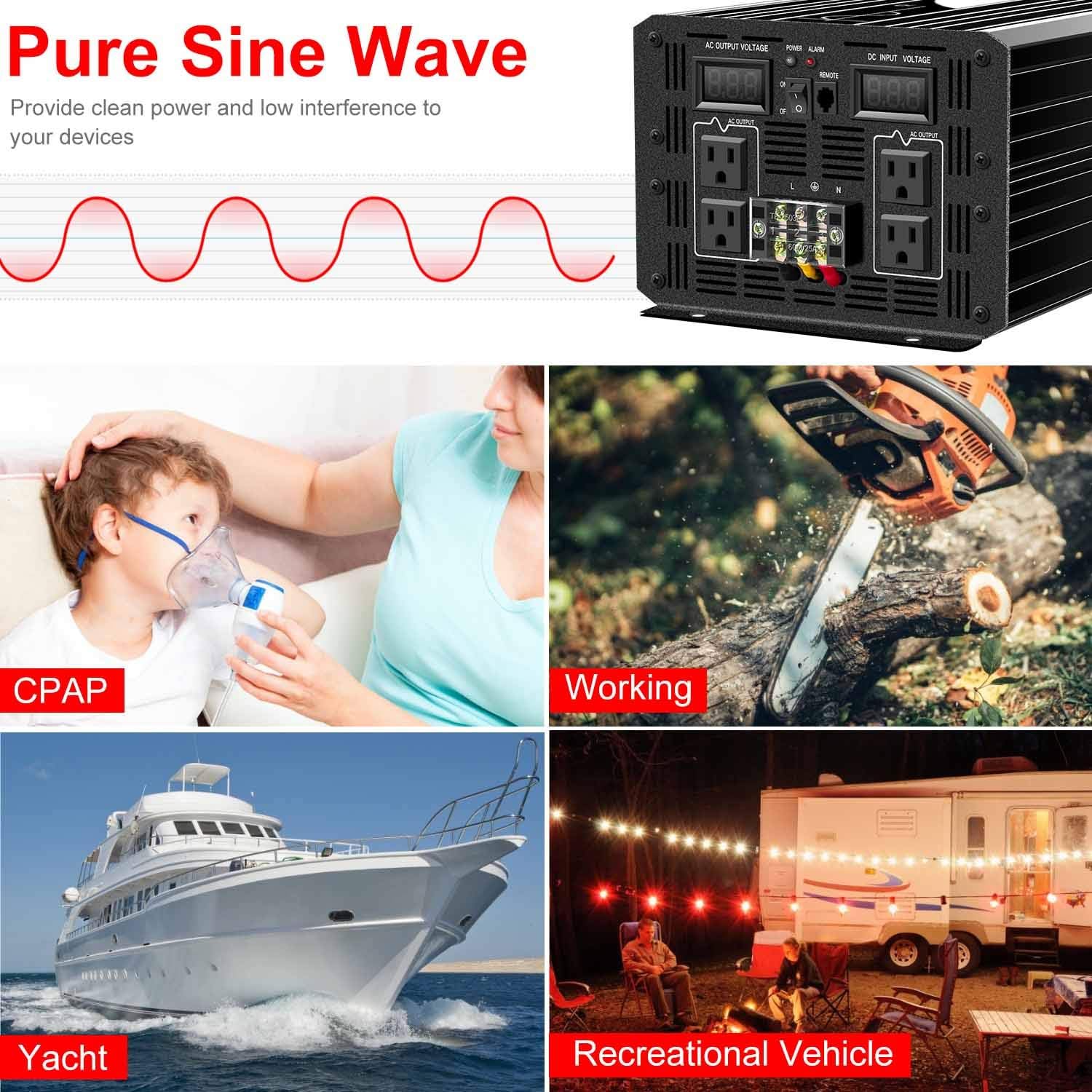 Xijia 6000W Pure Sine Wave Power Inverter dc 24V to 110v ac Converter 60HZ Solar Converter for Home rv Use car (DC24V (Range 20V-30V) 6000W)