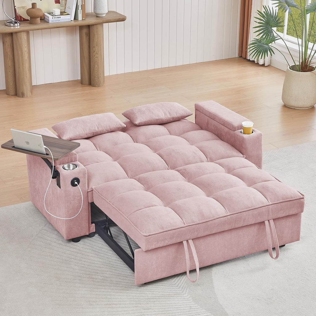 hansones 66' Multi-Functional Pull-Out Sofa Bed with Hidden Side Table, Storage Armrests, Built-in Charging Port, Spring Mattress, Solid Wood Frame – Ideal for Small Spaces, Easy Assembly
