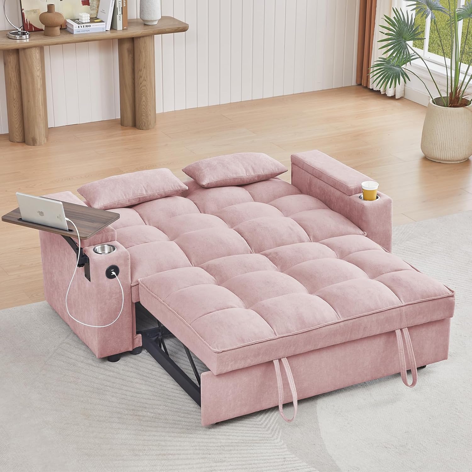 hansones 66' Multi-Functional Pull-Out Sofa Bed with Hidden Side Table, Storage Armrests, Built-in Charging Port, Spring Mattress, Solid Wood Frame – Ideal for Small Spaces, Easy Assembly