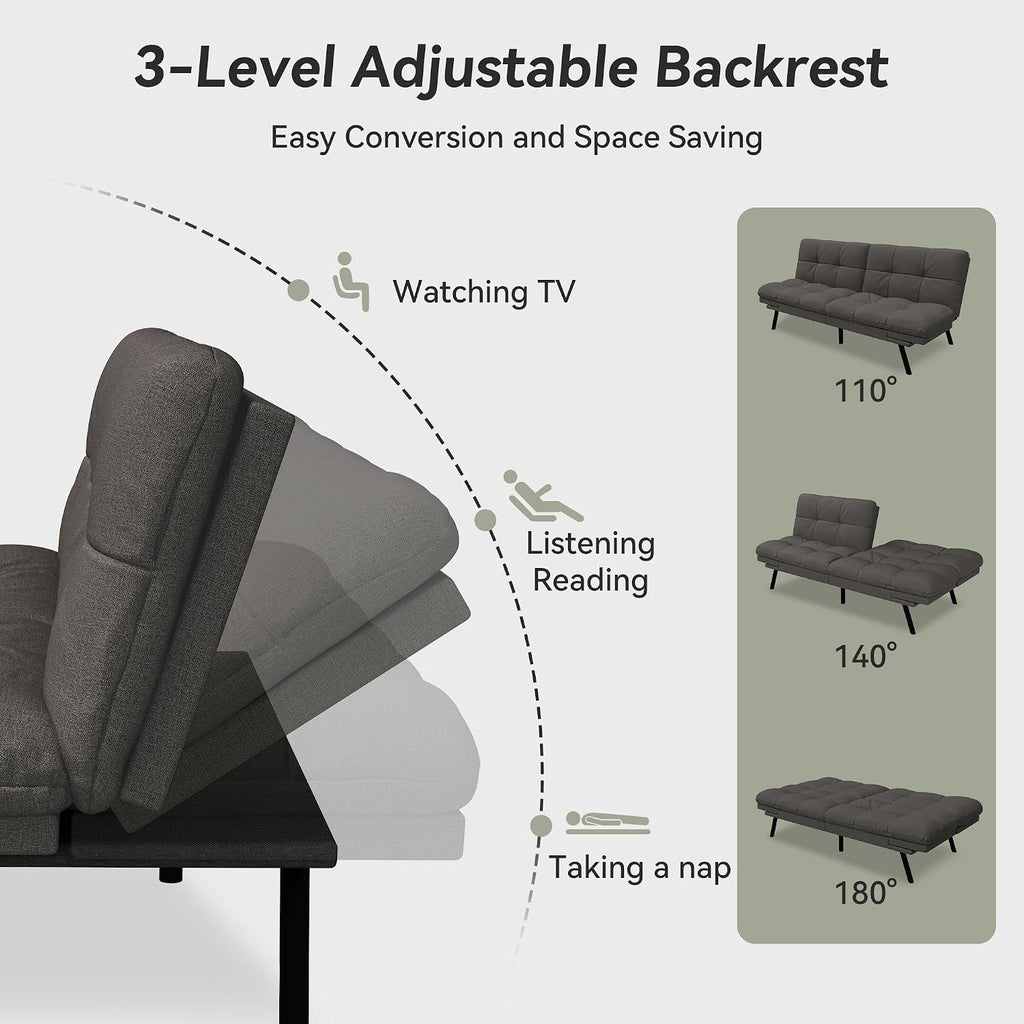 Convertible Futon Sofa Bed,Grey Linen Modern Futon Couch,Memory Foam Loveseat Sleeper Recliner,Detachable Cushion,Adjustable Backrest & Armrest,Couch for Living Room,Office,Apartment